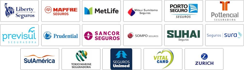 Seguradoras que Operamos Liberty, Mapfre, Metlife, Mitsui, Porto Seguro, Pottencial, Previsul, Prudential, Sancor, Sura, Sompo, Suhai, SulAmerica, Tokio Marine, Seguros Unimed, Vital Card, Zurich